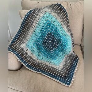 Lap/baby blanket blue, grey. Handcrafted 30”x30” easy care.